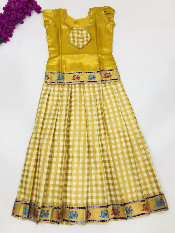 High-end Design Lovely Gold Color Art Silk Langa Set For Girls