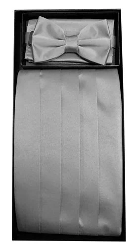 Mid-length Style Silver Poly Satin Cummerbund, Bow Tie, and Hanky Set