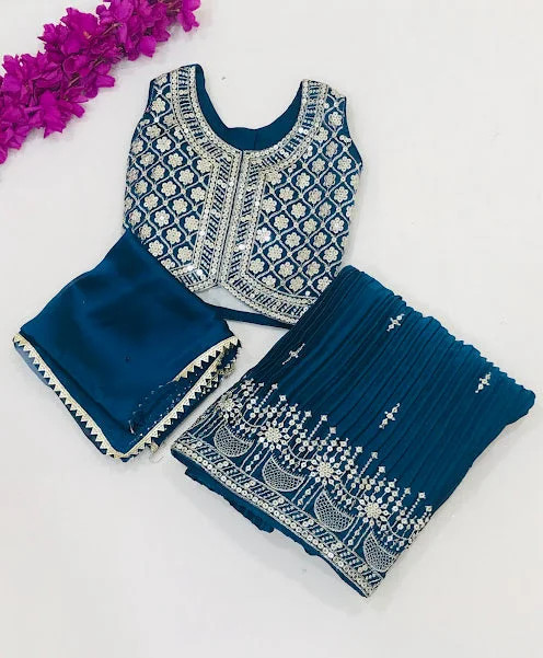 Fashion Expert Attractive Teal Blue Colored Embroidery And Sequins Work Choli Sets For Girls