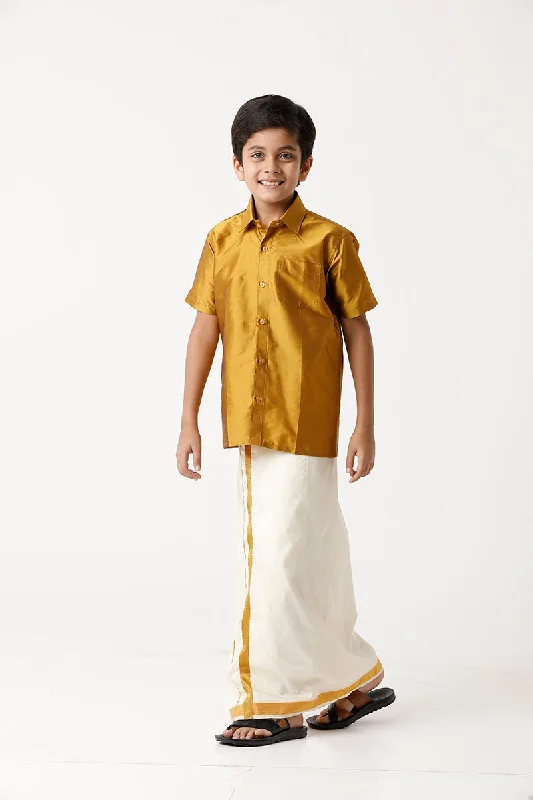 Rising Star - Gold Yellow Matching Fixit Dhoti and Shirt 2 in 1 Set For Kids | Uathayam