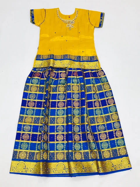 Trendy Wear Gorgeous Blue Colored Embroidery And Stone Work Silk Langa Sets For Girls