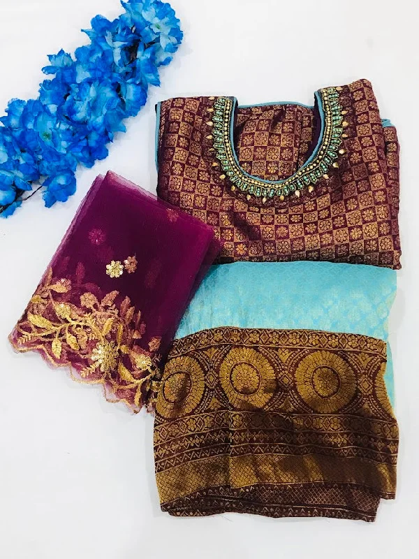 Exquisite Design Attractive Sky Blue Color Sequins Work Choli Set For Girls