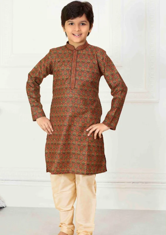 Casual Street Appealing Brown Color Designer Poly Cotton Kurta Pajama Set For Kids