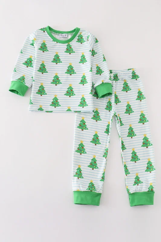 Exclusive Customization Green christmas tree print ruffle boy pajamas set