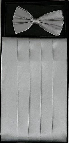 Classic Retro Silver Silk Satin Cummerbund and Bow Tie Set