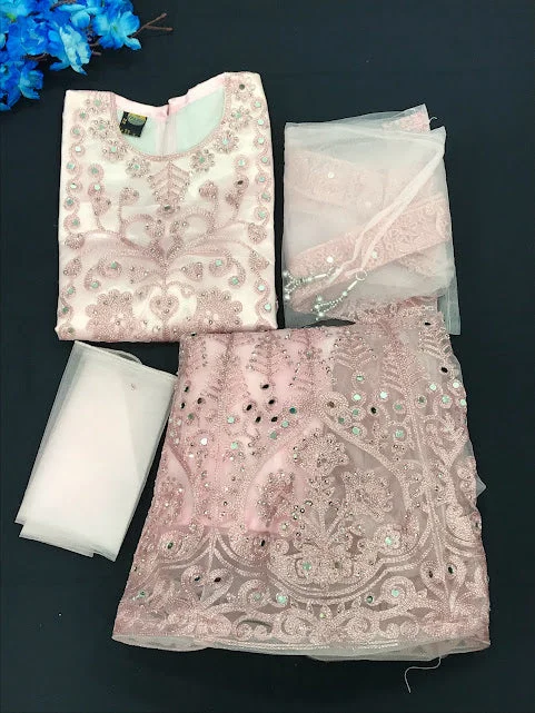 Comfortable Chic Charming Pink Colored Full Net Embroidery Mirror Work Choli Sets For Girls