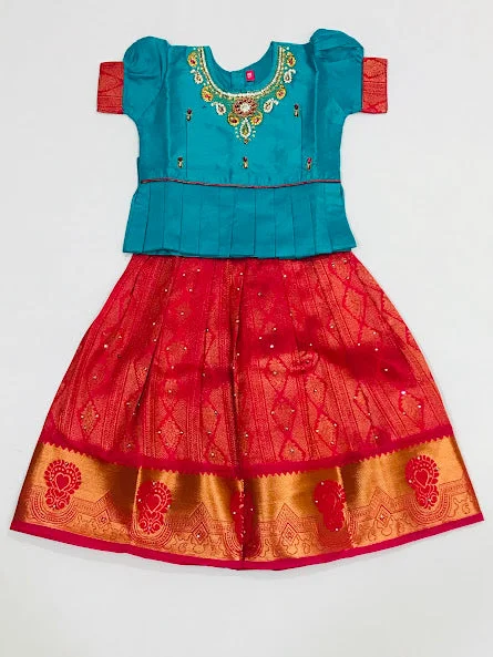 Cozy Fashions Lovely Teal Blue Colored Silk Langa Sets For Girls