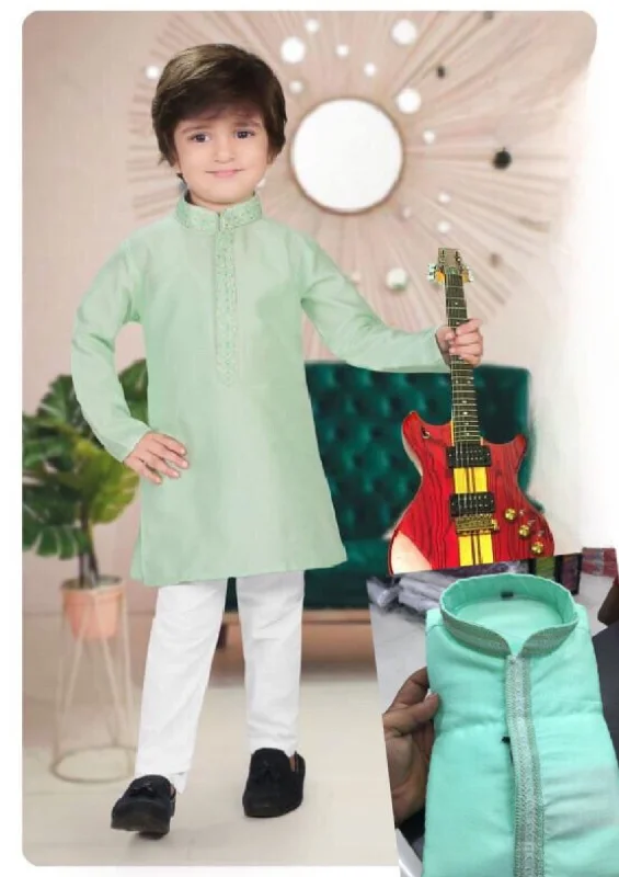 Classic Series Alluring Light Green Color Banarasi Embroidery Work Kids Kurta Pajama Set