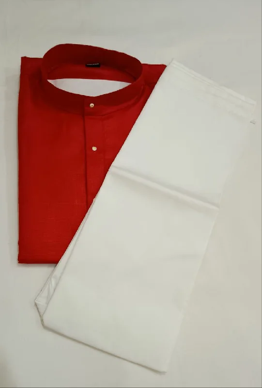 Versatile Casuals Elegant Red Colored Cotton Plain Kurta With Pajama Pant For Men