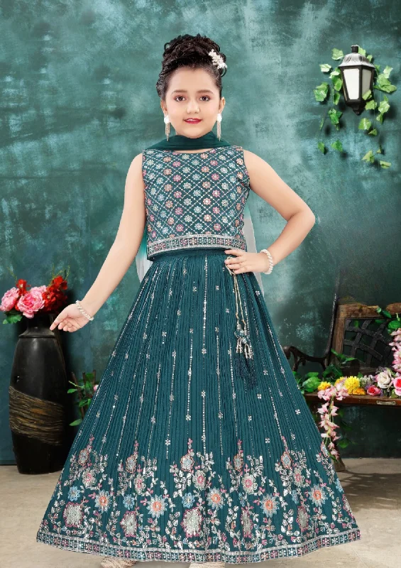 Classic Color Gorgeous Teal Green Color Georgette Embroidery And Sequins Work Choli Set