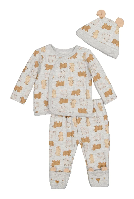 Simple Design Baby Boys 0-9M Bear Print Kimono with Footed Pants and Beanie