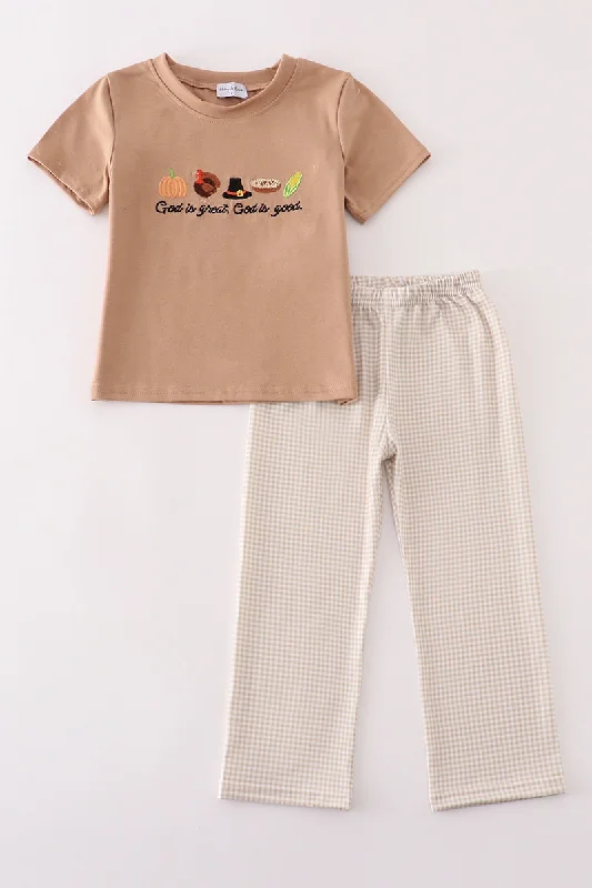 Cozy Footwear Khaki thanksgiving turkey embroidery boy set