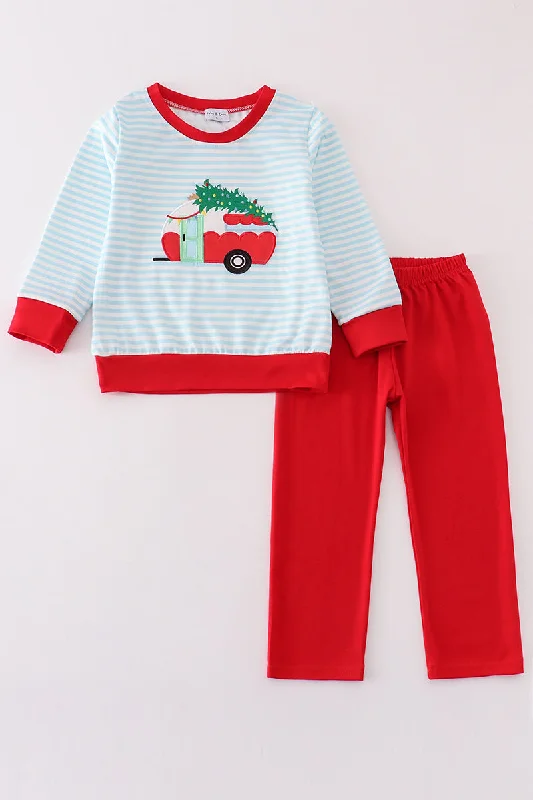Spring Fashion Blue christmas camper van applique boy set