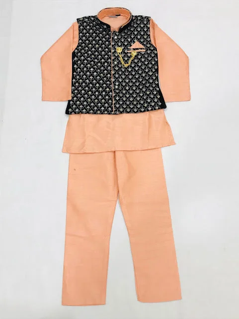 Comfortable Wear Elegant Pink Color Sherwani Brooch Pin Jacket With Pajama Pant For Boys