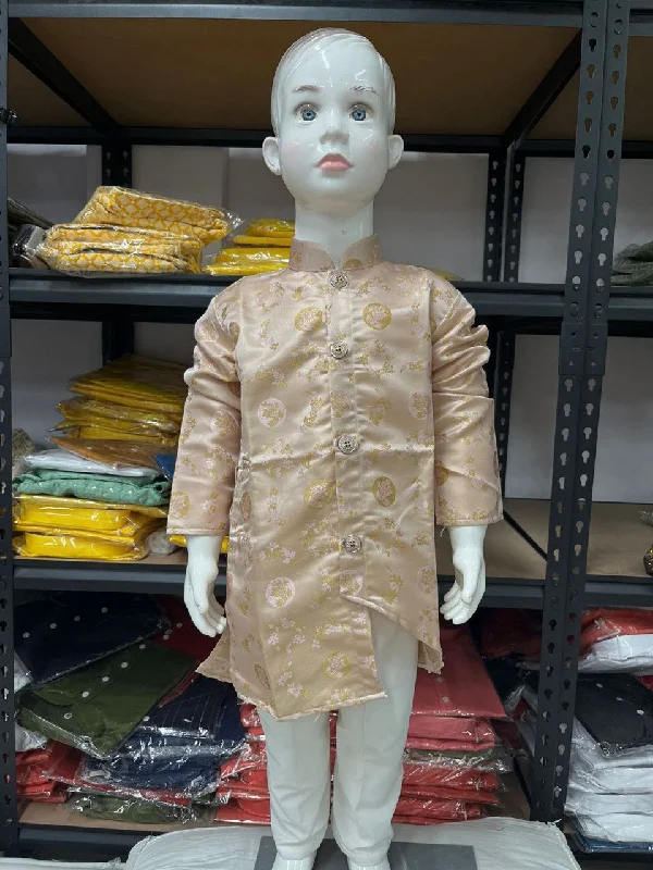 Youthful Vitality Charming Peach Colored Jacquard Kurta With Heavy Cotton Pajama Sets For Boys