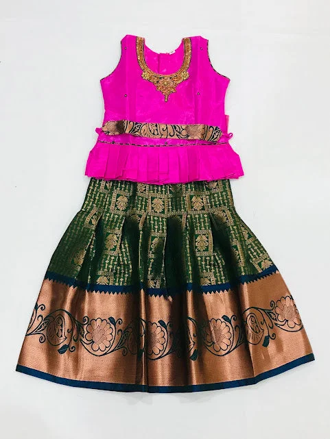 Relaxed Weekend Wear Attractive Pink Colored Silk Embroidery And Stone Work Langa Sets For Girls
