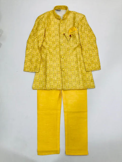 Classic Design Attractive Yellow Colored Silk Cotton Kurta With Pajama Pant Sets For Boys