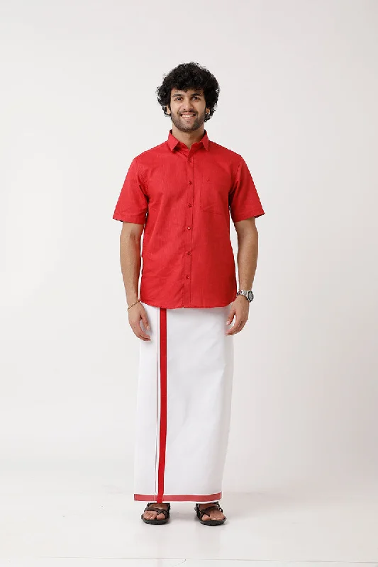 Varna - Soft Red Matching Shirt and Single Dhoti Set For Men | Uathayam