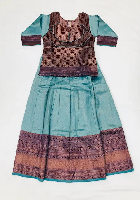 Comfy Layers Gorgeous Blue Colored Silk Pattu Langa Sets For Girls