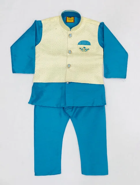 Cozy Chic Charming Sky Blue Colored Silk Cotton Boys Sherwani With Pajama Pant Sets