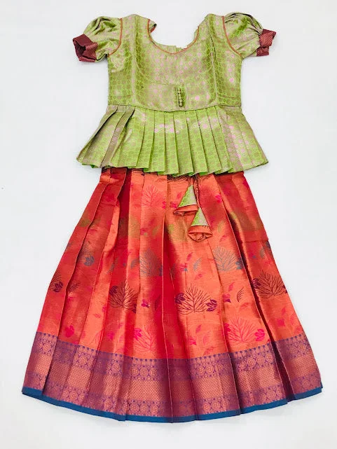 Relaxed Fashion Appealing Green Colored Silk Pattu Langa Sets For Girls
