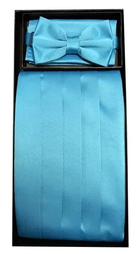 Minimal Style Turquoise Poly Satin Cummerbund, Bow Tie, and Hanky Set
