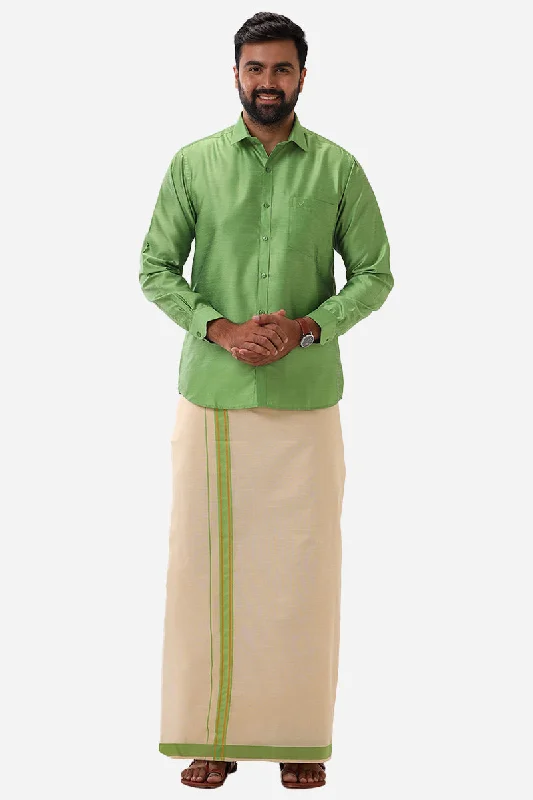 Divine Elite - Light Green Matching Shirt and Single Dhoti Set for Men | Uathayam