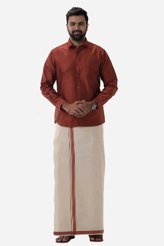 Divine Elite - Brown Matching Shirt and Single Dhoti Set for Men | Uathayam