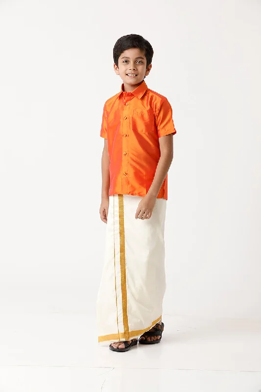 Rising Star - Orange Matching Fixit Dhoti and Shirt 2 in 1 Set For Kids | Uathayam