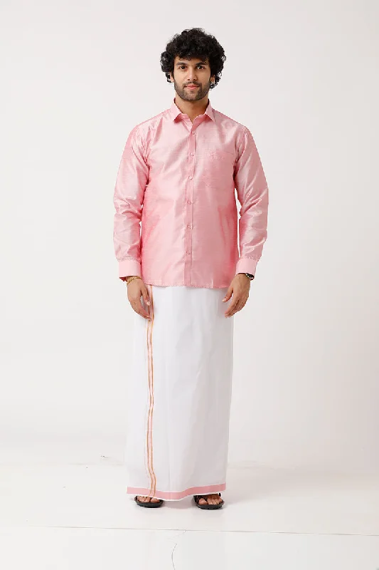 Divine - Pink Matching Shirt and Single Dhoti Set For Men | Uathayam