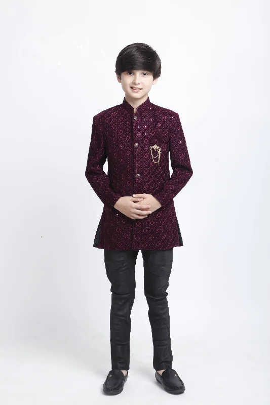 Classic Series Attractive Wine Color Velvet Embroidery Work Kurta With Pajama Sets For Kids