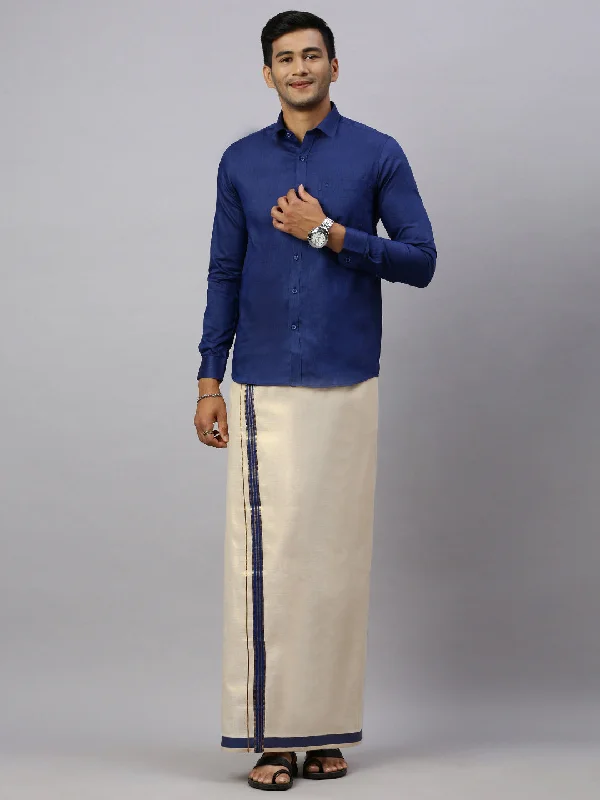 Noble And Elegant Men Macho C.Blue Colour Shirt & Matching Border Tissue Dhoti Set CCB