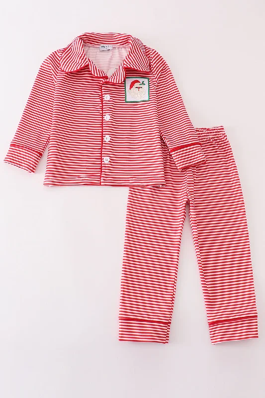 Comfortable Lounge Wear Red stripe christmas santa claus embroidery boy pajamas set