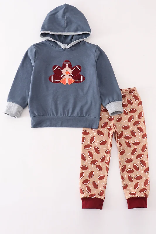 Relaxed Chic Blue turkey applique boy hoodie set