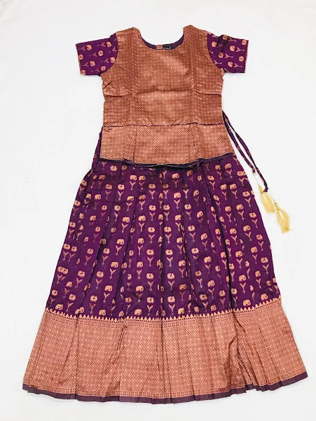 Everyday Comfort Delightful Purple Colored Design Work Silk Langa Sets For Girls