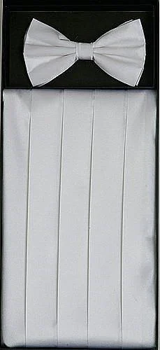 Knowledge And Elegance White Silk Satin Cummerbund and Bow Tie Set