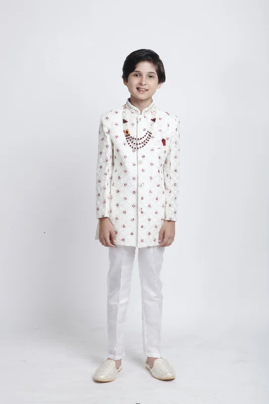 Bottom And Versatile Beautiful Silk Embroidery With Beaded Worn On Neck And Buttons Pearl Sherwani Sets For Kids