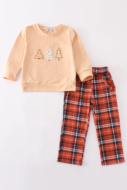 Retro Fashion Khaki christmas tree applique boy set