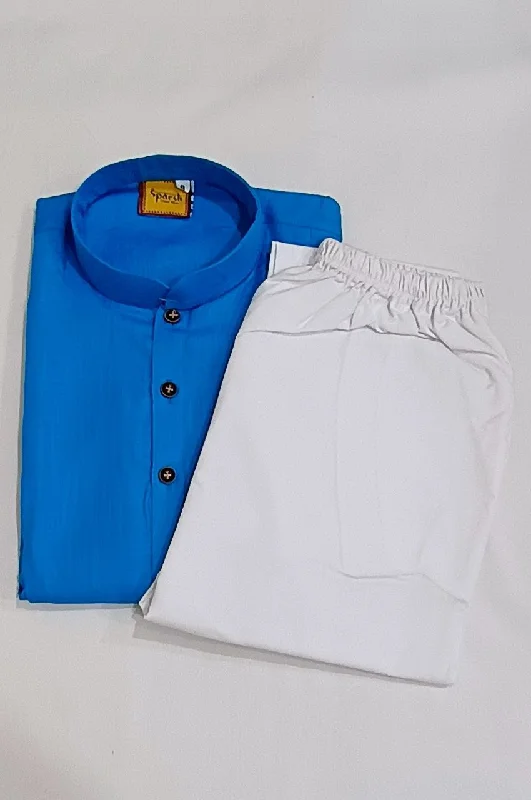 Relaxed Fit Wear Charming Sky Blue Colored Cotton Plain Kurta With Pajama Pant For Men