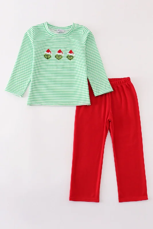 Luxury Classic Green christmas grinch embroidery boy set