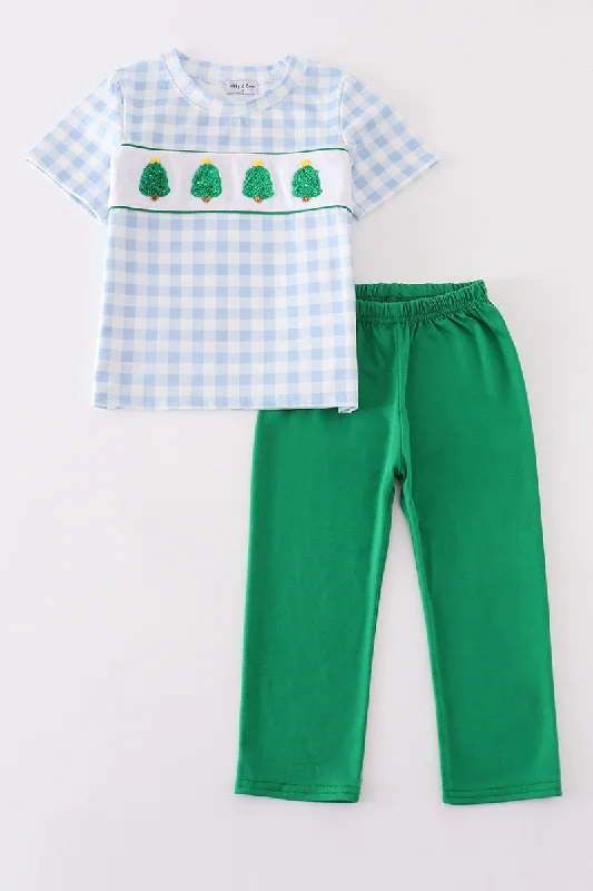 Warm Chic Green christmas tree french knot boy set