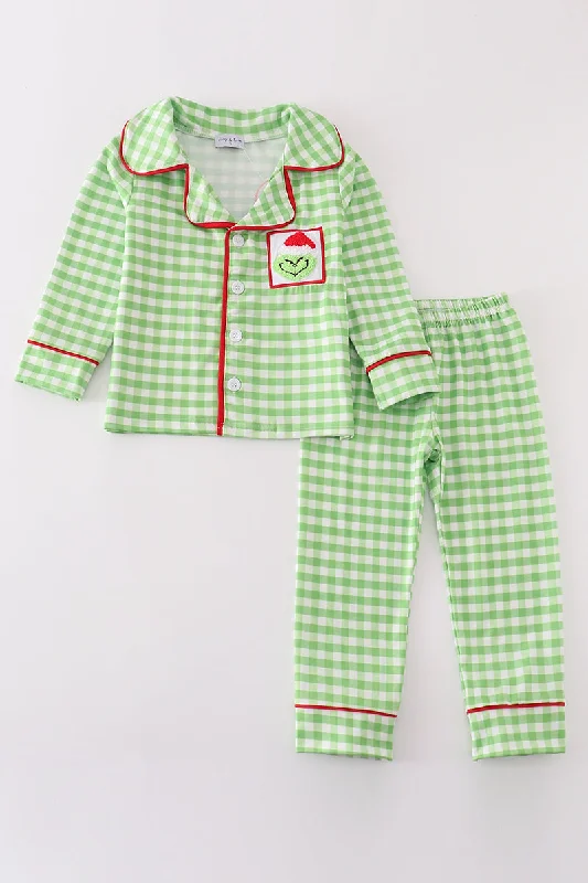 Relaxed Dresses Green christmas grinch french knot boy pajamas set