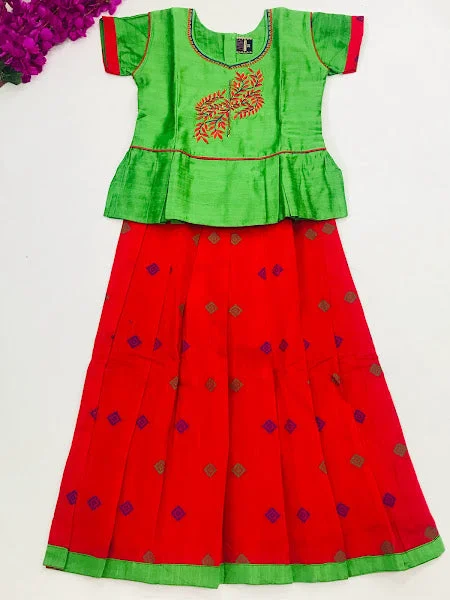 Lounge Wear Gorgeous Art Silk Green And Red Color Embroidered Work Langa Set