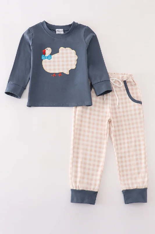 Chic Outfits Blue thanksgiving turkey applique boy set
