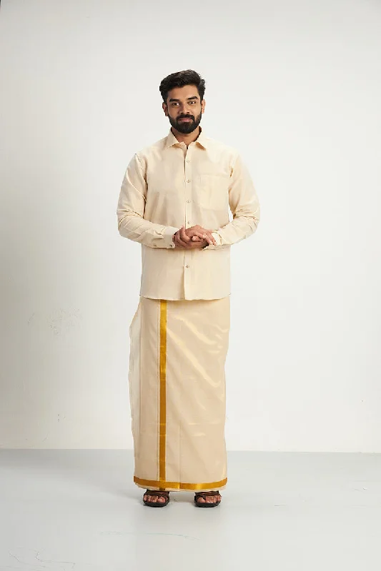 Vaibhav - Gold Shirt and Jari Single Dhoti Tissue Set 2 In 1 For Men | Uathayam