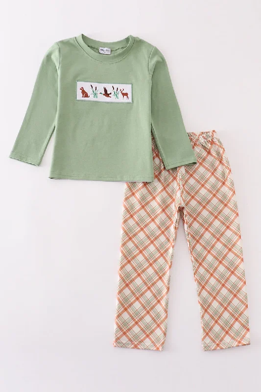 Cozy Pants Green hunting duck embroidery boy set