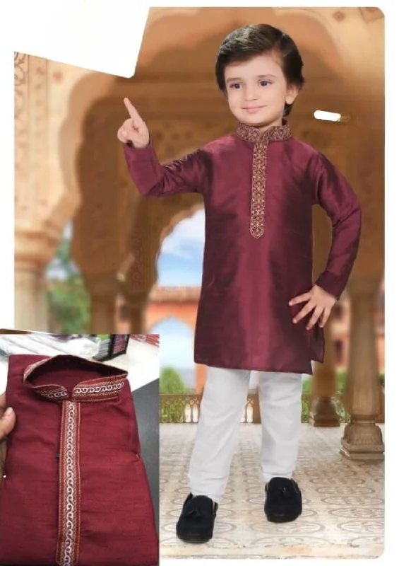 High-end Design Mind Blowing Maroon Color Festival Special Kids Kurta Pajama Set
