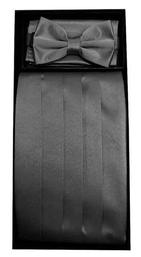 Nightclub Style Black Poly Satin Cummerbund, Bow Tie, and Hanky Set