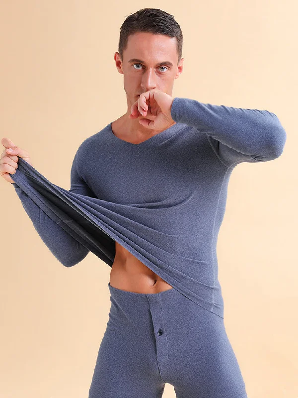 Easy Comfort Style Men's V-neck Fleece Thermal Underwear Set