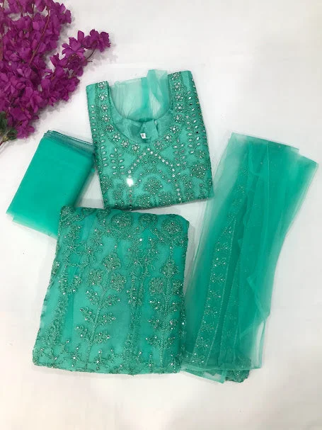 High-quality Fabrics Gorgeous Aqua Green Designer Mirror And Embroidery Work Choli Sets With Shrug For Girls
